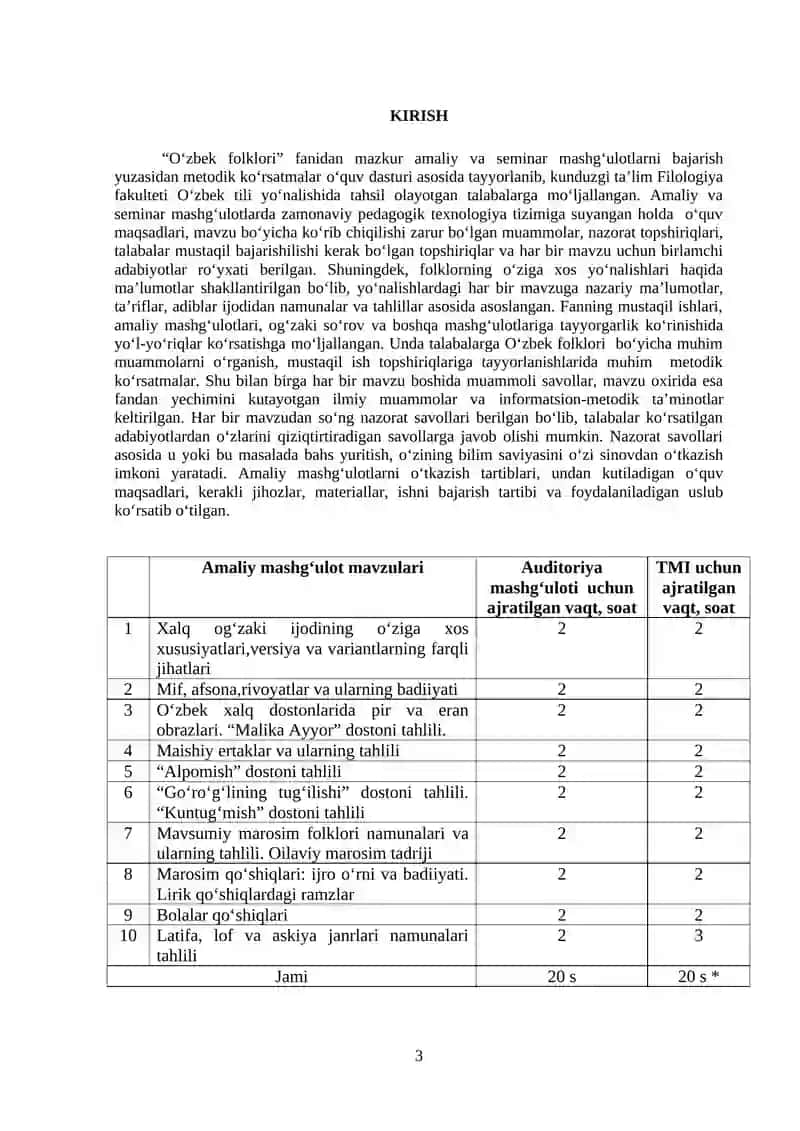 O‘zbek folklori fanidan amaliy va seminar mashg‘ulotlarni bajarish yuzasidan metodik ko‘rsatmalar 3