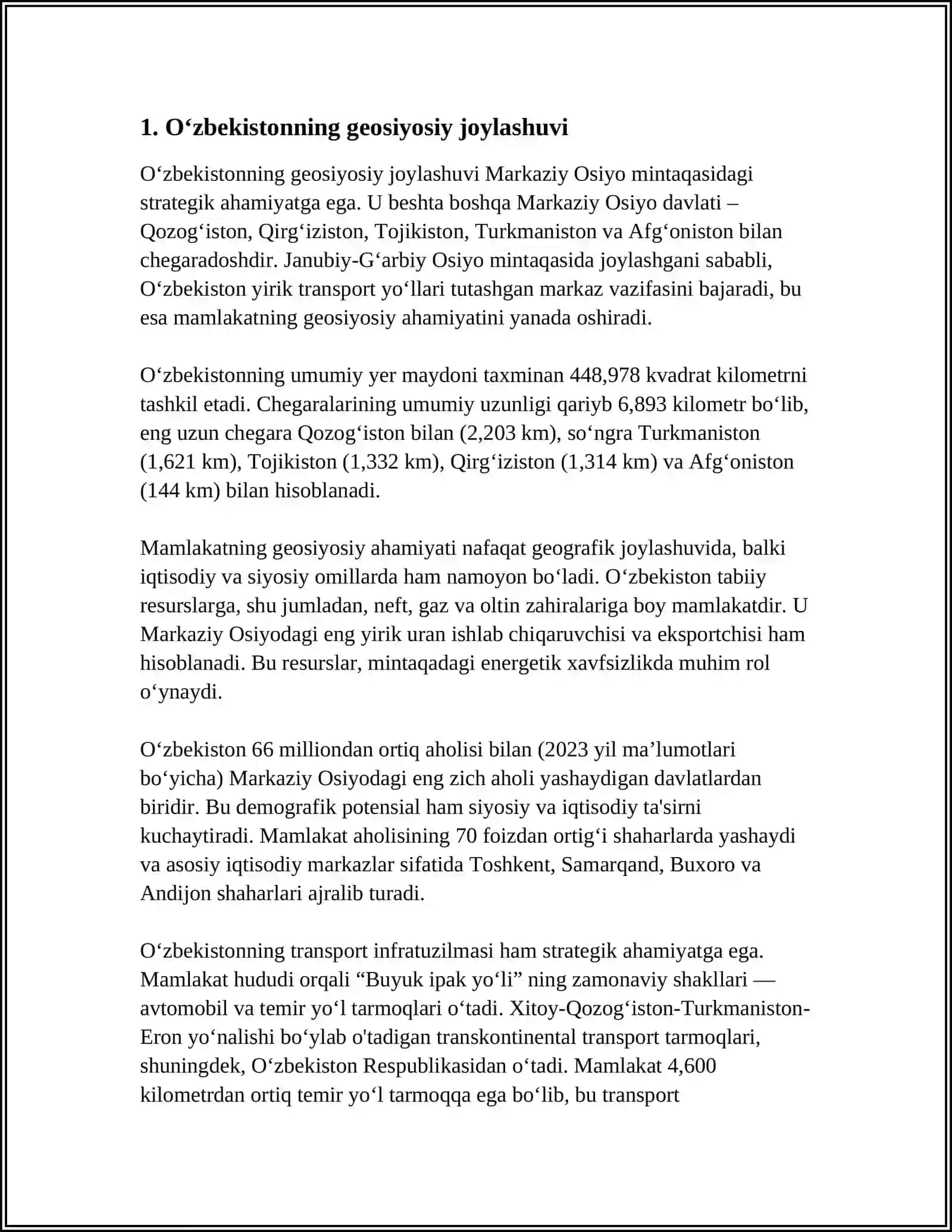 OʻZBEKISTONNING MARKAZIY OSIYODA TINCHLIK VA BARQARORLIKNI TA'MINLASHDAGI OʻRNI 3