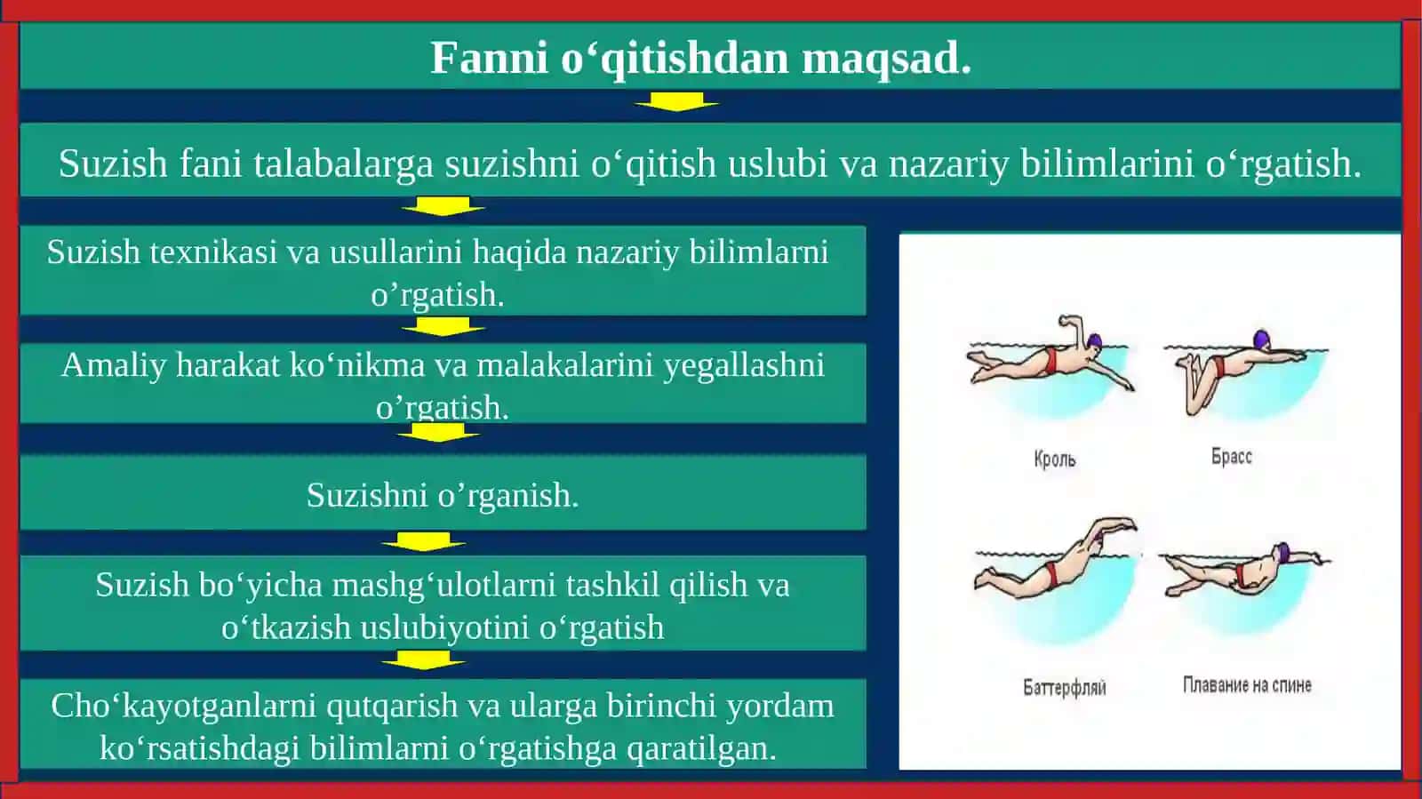 Ko‘krakdakroll va chalqancha kroll, delfin, brass usulida suzish texnikasini o‘rgatish 3
