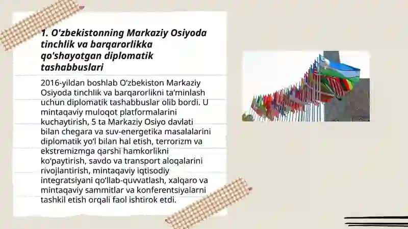 O'zbekistonning Markaziy Osiyoda tinchlik va barqarorlikni taminlashdagi o'rni 3