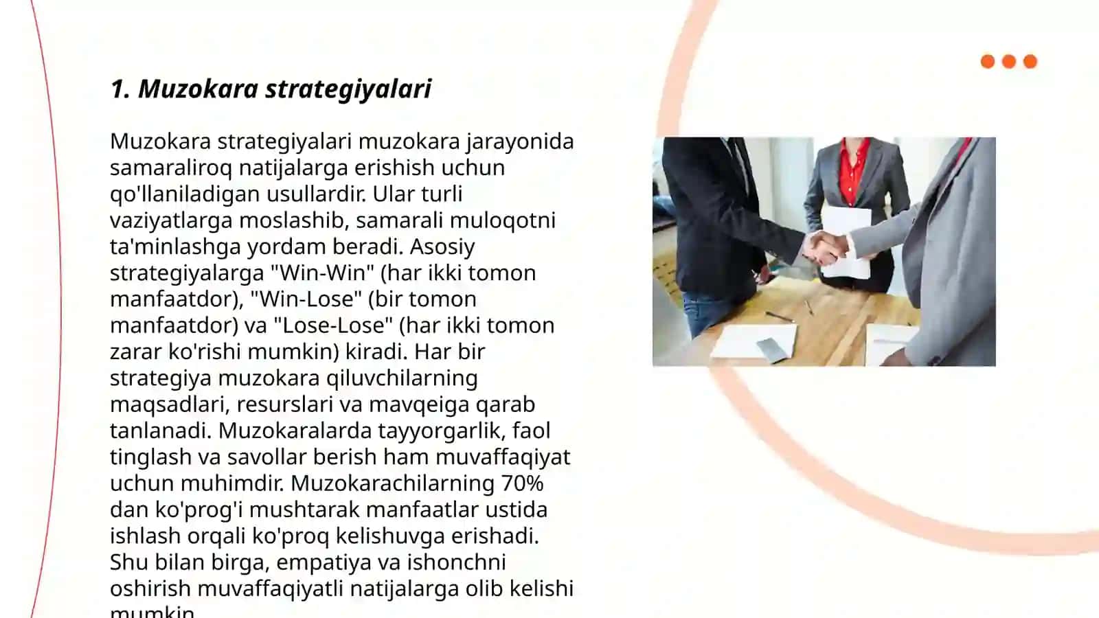 Turli muzokara uslublarini va ularning huquqiy nizolardagi qo'llanilishi(negotiating skills) 3