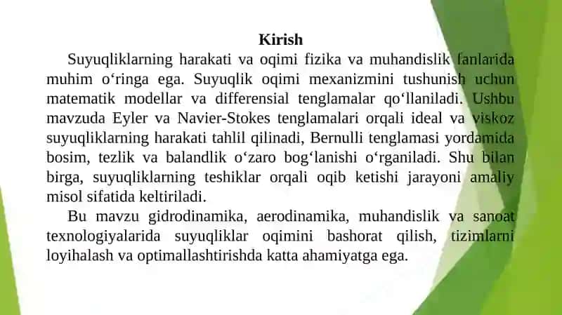 Eyler va Navier-Stokes differensial tenglamalari hamda Bernulli tenglamasi va suyuqliklarning teshiklar orqali oqib ketishi 3