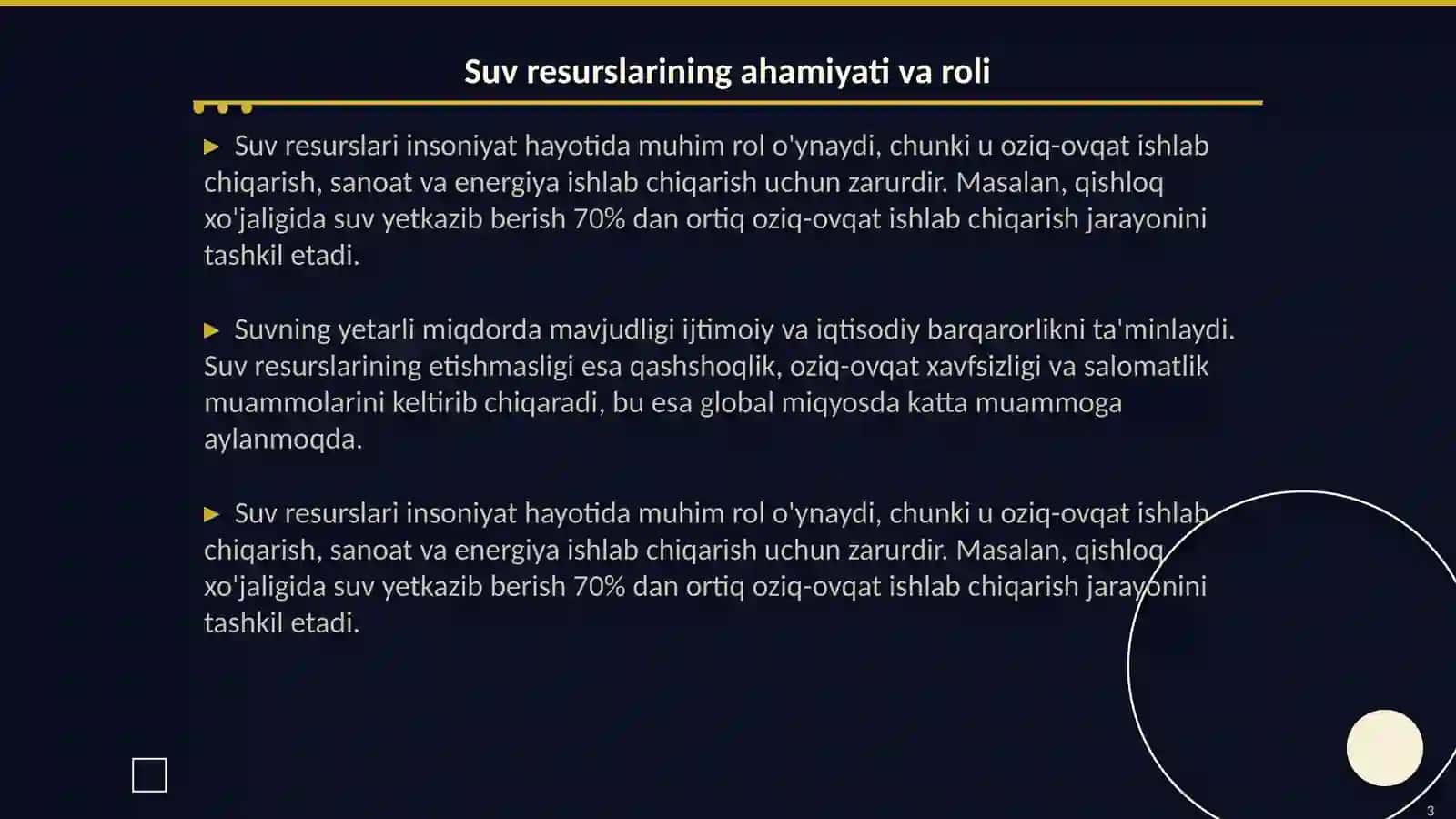 Suv resurslari: ahamiyati, zaxirasi, tarqalishi va undan foydalanish 3