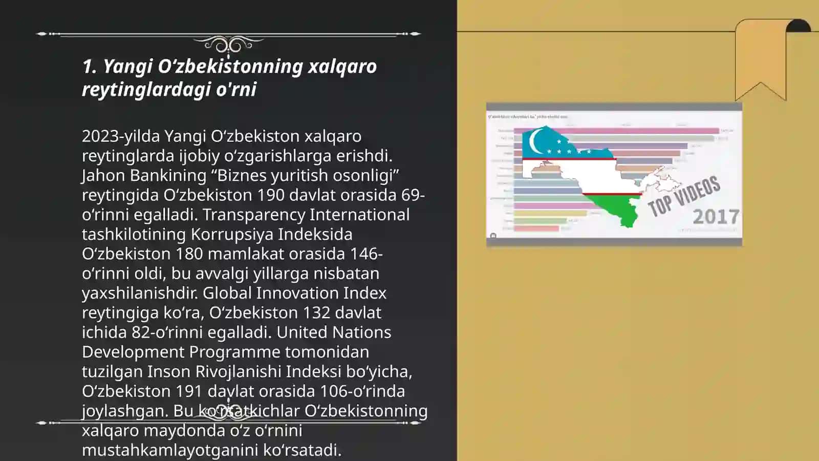 Yangi Oʻzbekiston ijtimoiy-siyosiy, iqtisodiy va madaniy hayotida roʻy berayotgan oʻzgarishlarning xalqaro reyting va indekslarda aks etishi 3