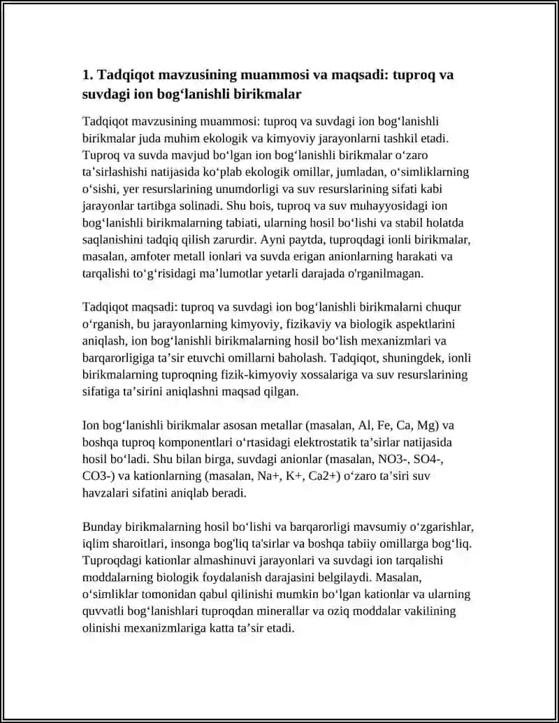 TUPROQ VA SUVNING IFLOSLANISHIDA ION BOGʻLANISHLI BIRIKMALARNI ANIQLAB ULARDAN TOZALASH USULINI ISHLAB CHIQISH MAVZUSIDA REFERAT 3