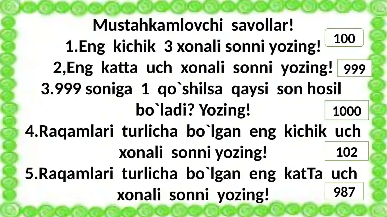 3-sinf Fan:Matematika Uch xonali sonning xona birliklari yig`indisi 3
