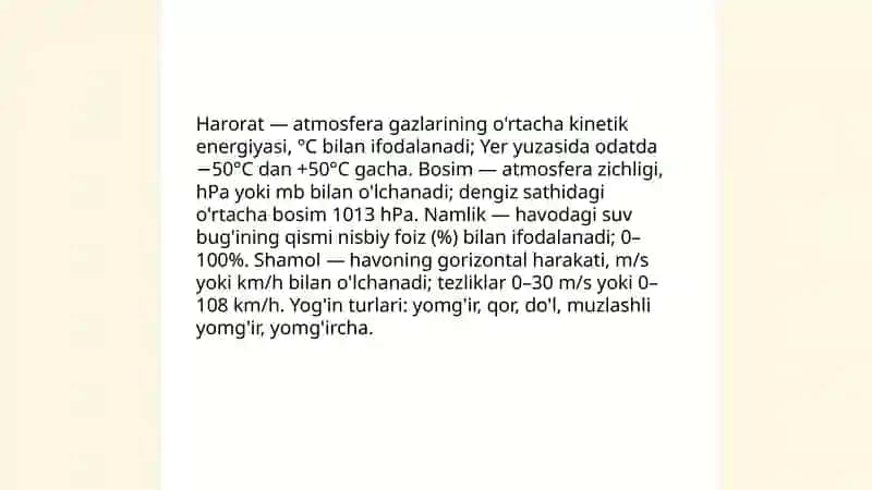 Ob - havo elementlari, yog‘inlar, temperatura, shamollar va ulardagi tabiiy o‘zgarishlarni anglash 3