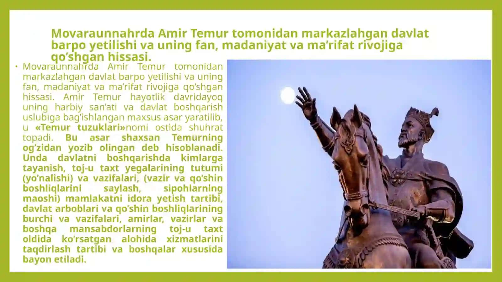XIV asrning ikkinchi yarmi va XVI asrda Movaraunnahrda, XVII asrdan XIX asrning yarmigacha va XIX asrning 2-yarmi va XX asrning 1-choragida Turkiston o`lkasida tarbiya, maktab, pedagogik fikrlar rivoji 3