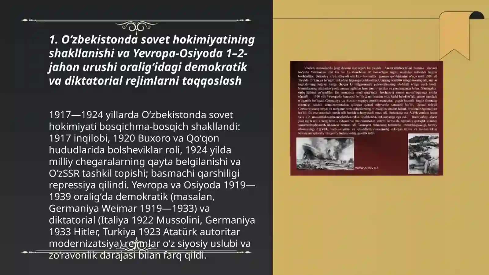 Jahon urushlari ortasidagi siyosiy hayot 1-2-jahon urushi oraligida Õzbekiston va dunyo tarixida sodir bolgan siyosiy jarayonlarni ozaro taqqoslash 3
