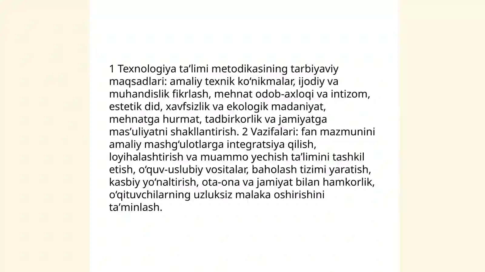 Texnologiya taʼlimi metodikasi fanining tarbiyadagi oʼrni nimalardan iboratligini aniqlash 3