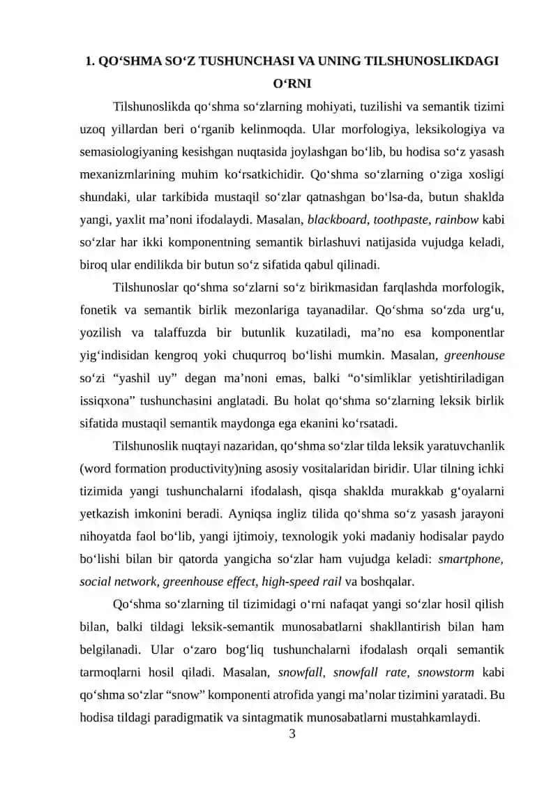 TURLI SO‘Z TURKUMLARIDAN HOSIL BO‘LGAN QO‘SHMA SO‘ZLAR: INGLIZ TILIDA MORFOLOGIK VA SEMANTIK TAHLIL 3