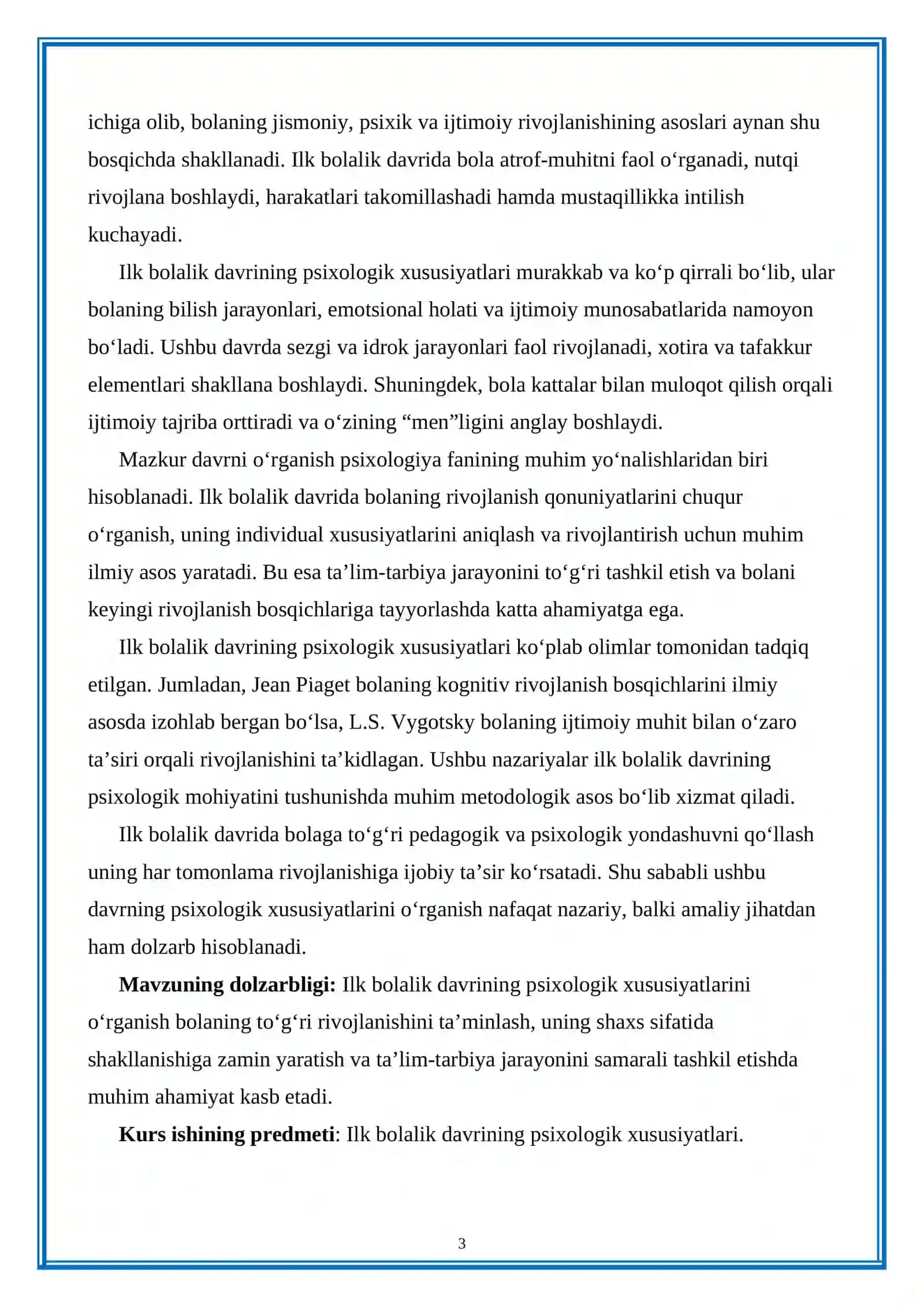 Pedagogika va aniq fanlar kafedrasi Maktabgacha taʼlim psixologiyasi va pedagogikasi – yo‘nalishi 23-07 guruh talabasi Egamberganova Raxatoyning psixologiyasi va psixodiagnostikasi fanidan tayyorlagan KURS ISHI 3