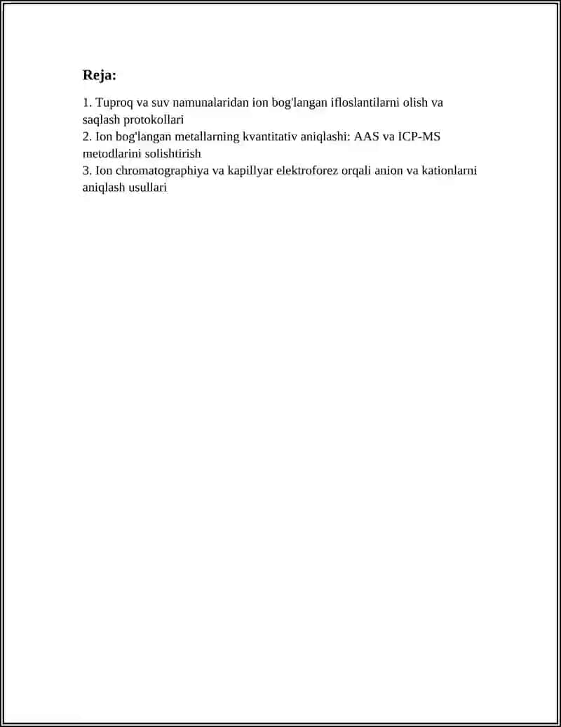 Tuproq va suv namunalaridan ion bog'langan ifloslantilarni olish va saqlash protokollari 3