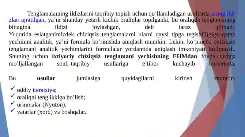 Algebraik va transendent tenglamalarni yechish.  Tenglamalarni yechishda vatarlar va Nyuton usullari. Insertion saralash algoritmi 3