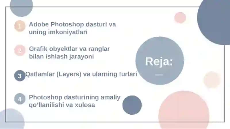 Adobe Photoshop dasturning grafik obyektlarda ranglar va qatlamlar bilan ishlash. 3