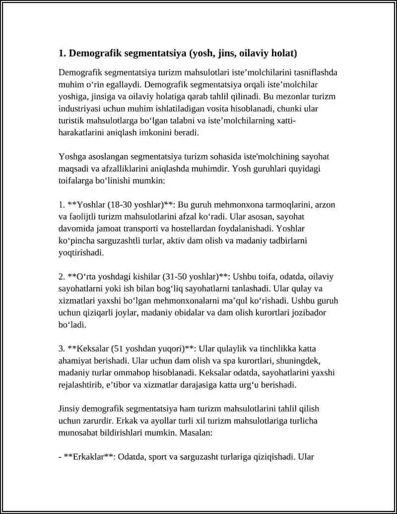 TURIZM MAHSULOTI ISTEʼMOLCHILAR TASNIFI 3