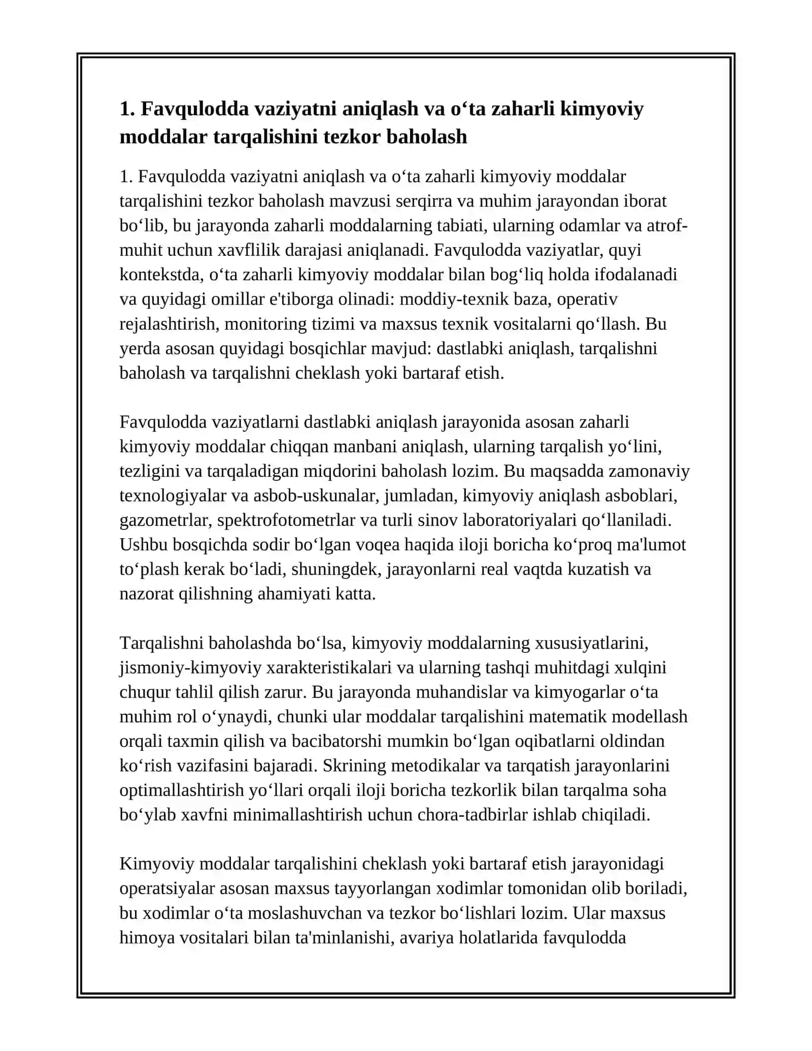 OʻTA ZAHARLI KIMYOVIY MODDALARNI ISHLAB CHIQARISHDA VA SAQLASHDA SODIR BOʻLGAN AVARIYALARNI BARTARAF QILISHDA QUTQARUVCHILARNING HARAKATI 3