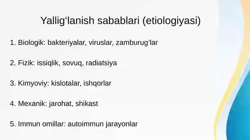 Yallig‘lanish va reparatsiya. Yallig‘lanishni tarifi va umumiy nomoyon bo‘lishi. O‘tkir yallig‘lanish. 3