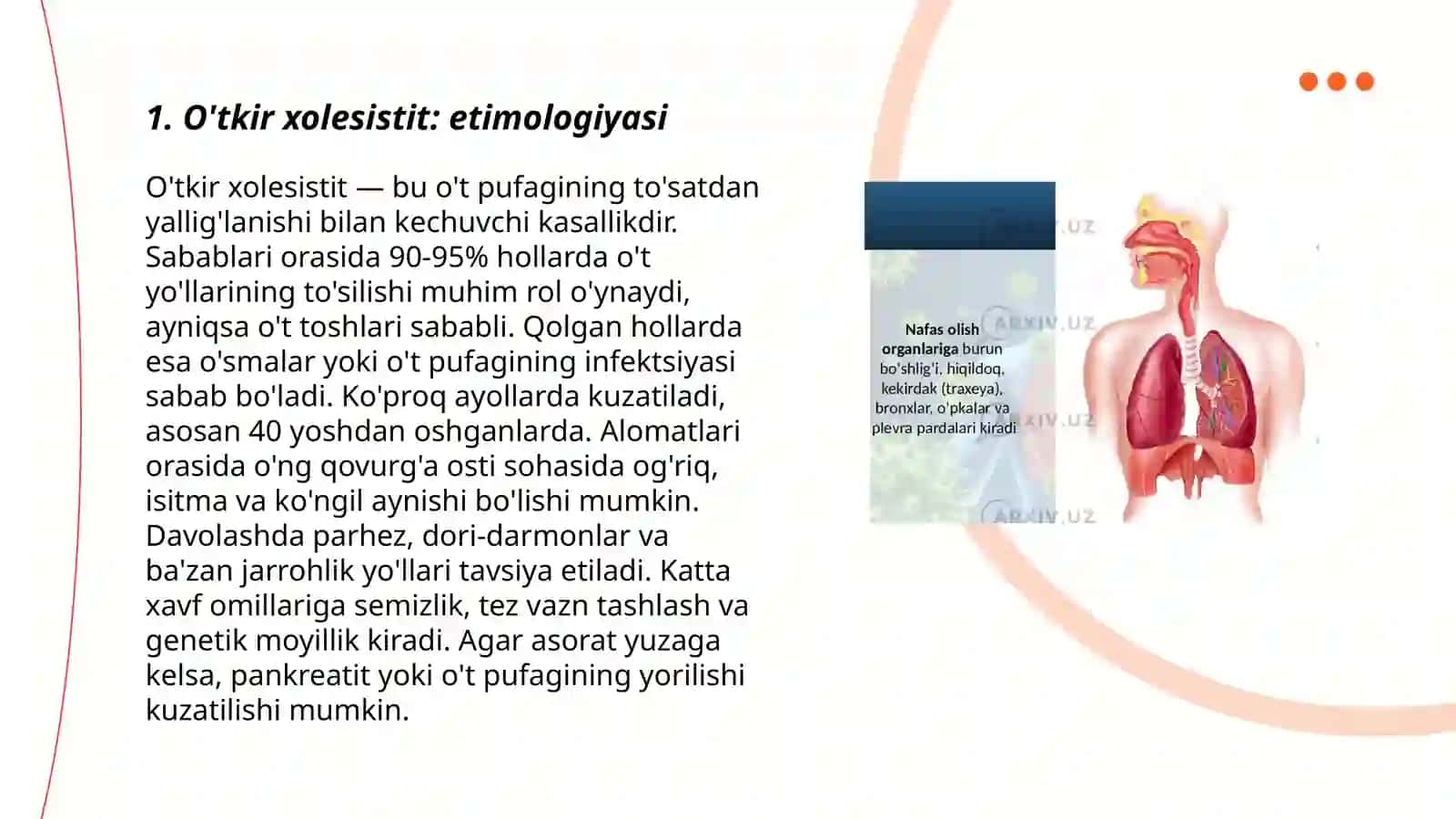 O'tkir va surunkali xolesistit, o't tosh kasalligi etimologiyasi, klinikkasi, kechishi, davolash 3