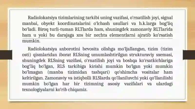 RADIOLOKATSIYA TIZIMINING UMUMLASHGAN STRUKTURAVIY SXEMASI 3