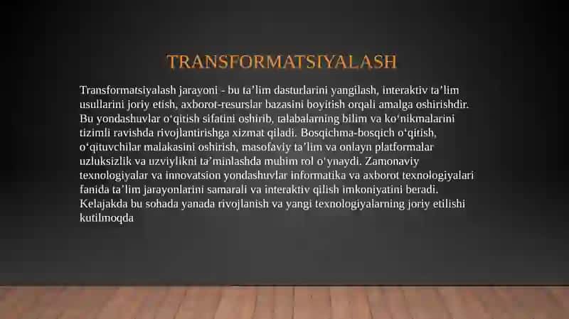 SOFT SKILLS – AXBOROTNI TRANSFORMATSIYALASHTIRISH. QO‘YILGAN MAQSAD BILAN MA’LUMOTLARNI IZLASH VA TANLASH, HAR XIL TURDAGI REJALARNI TUZISH 3