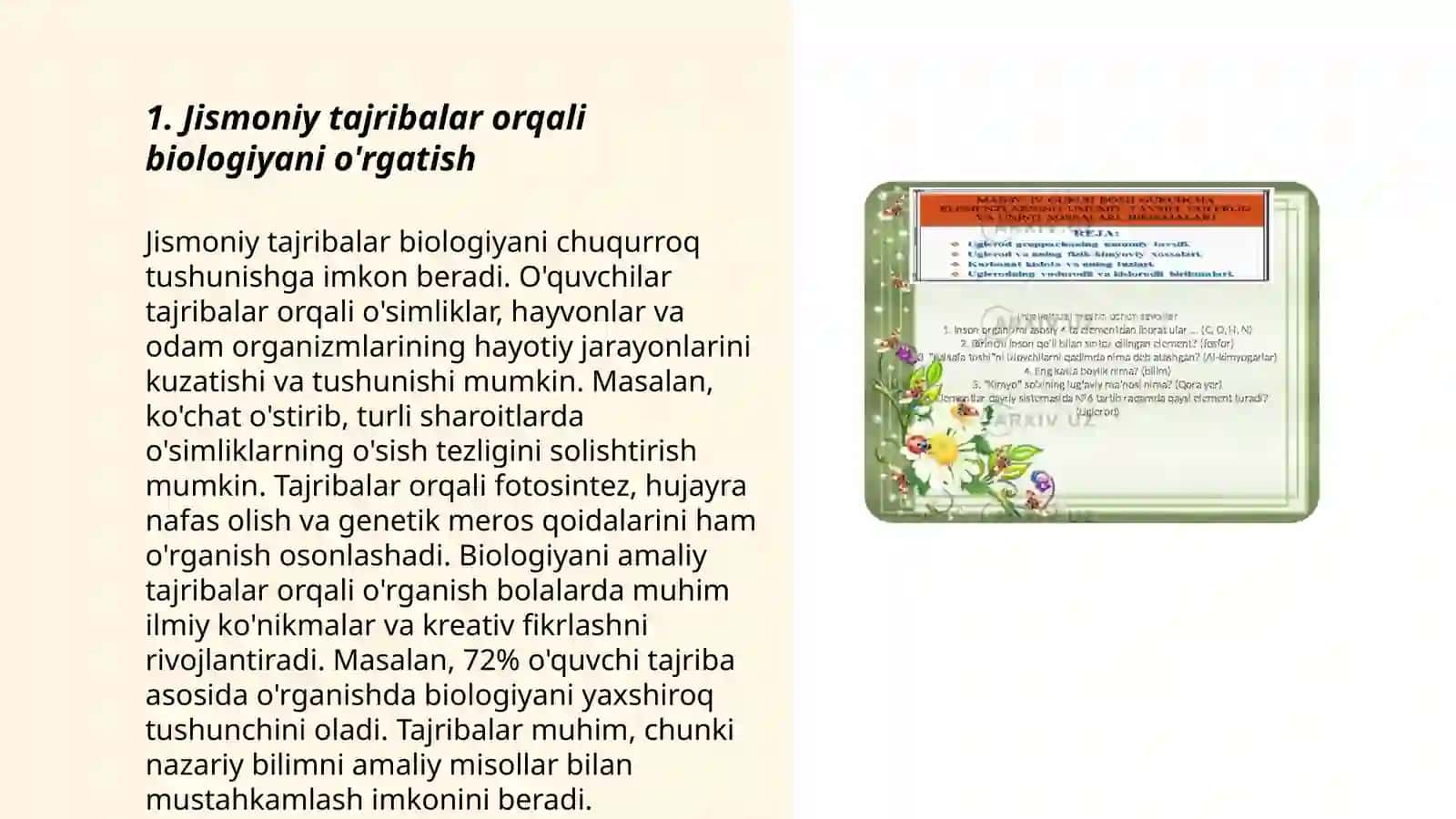 Biologiyani o'qitishda da'sturiy emas dars shaklidan foydalanish metodikasi Embergenova Gulshaxar 3