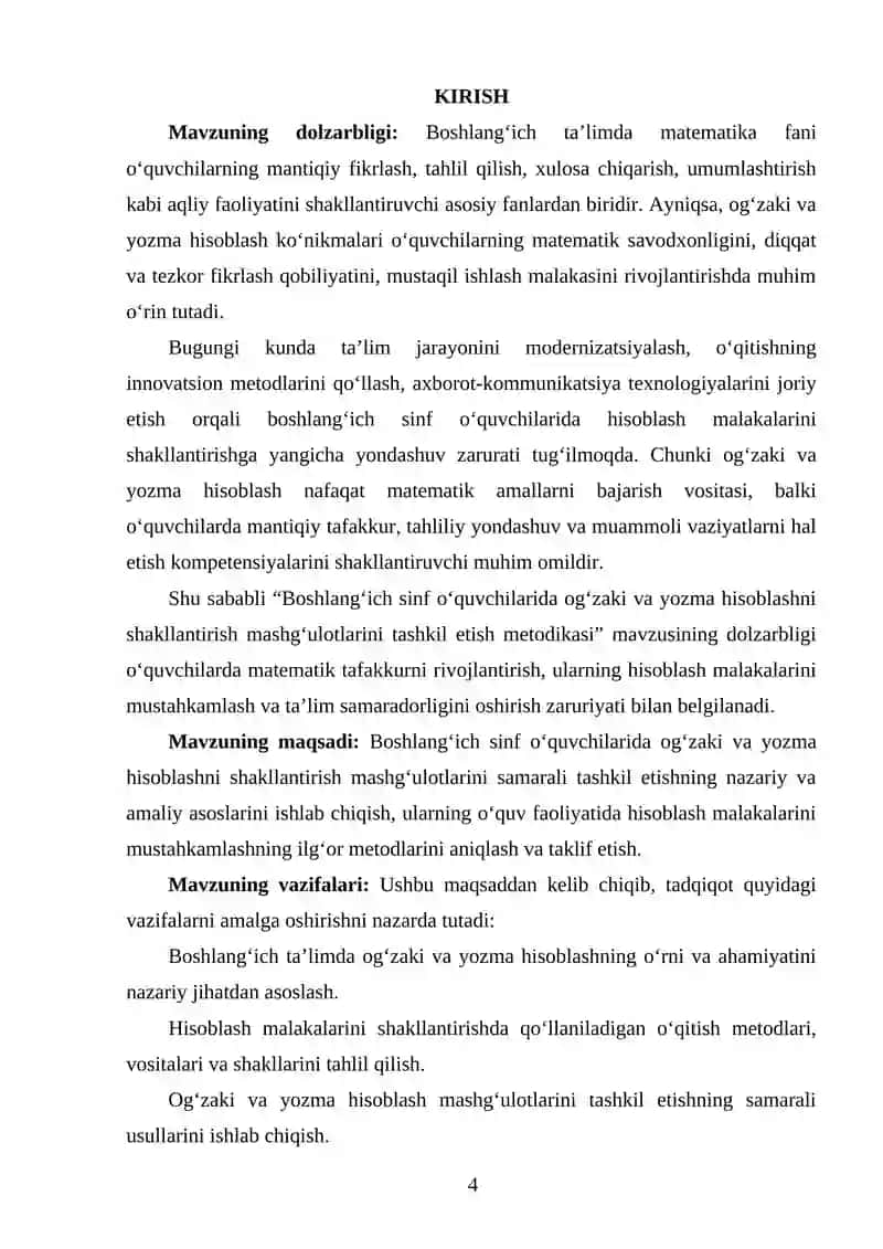 "Boshlang'ich sinf o'quvchilarida og'zaki va yozma hisoblashni shakllantirish metodikasi" 3
