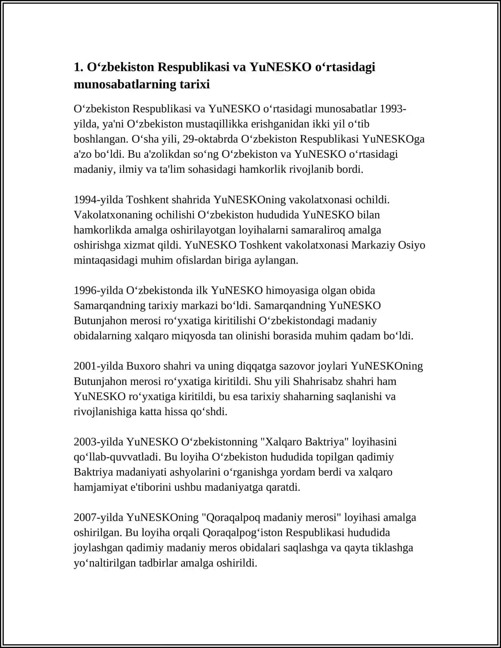 O‘zbekiston Respublikasining YUNESKO Tashkiloti Bilan Hamkorlik Aloqalari Haqida Ma’lumot Bering 3