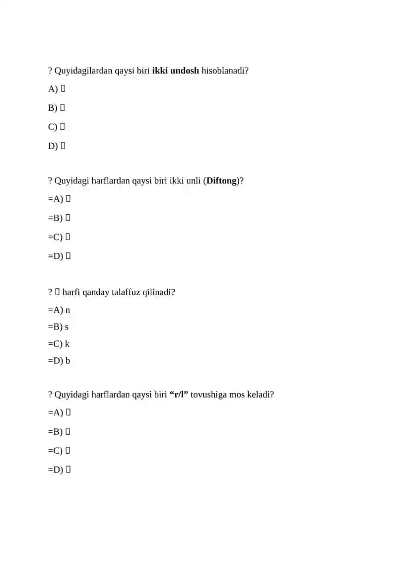 Koreys alifbosini o'rganish test savollari 3