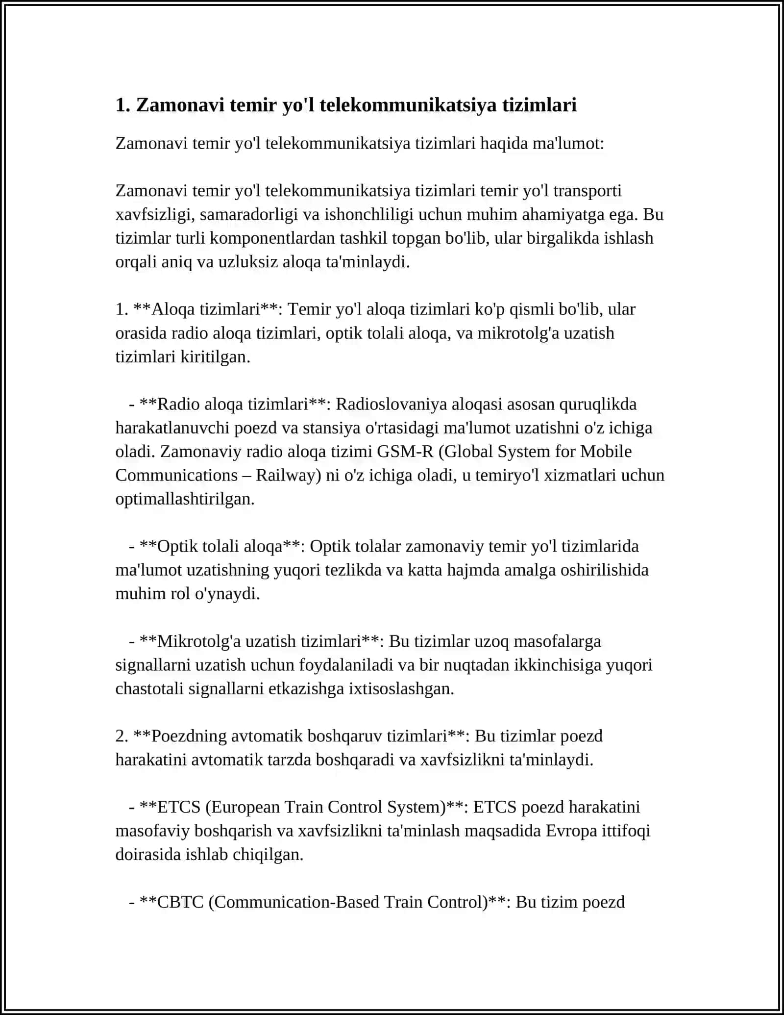 ZAMONAVIY TEMIR YO'L TRANSPORTIDA TELEKOMMUNIKATSIYA TIZIMLARINI TASHKIL ETISH 3