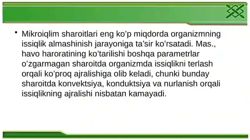 Mikroiqlimning organik kimyoviy va fiziologik jarayonlari 3