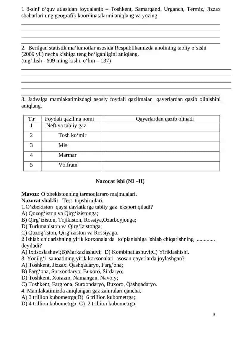 geogrfiyadan nazorat ishi daftari 3
