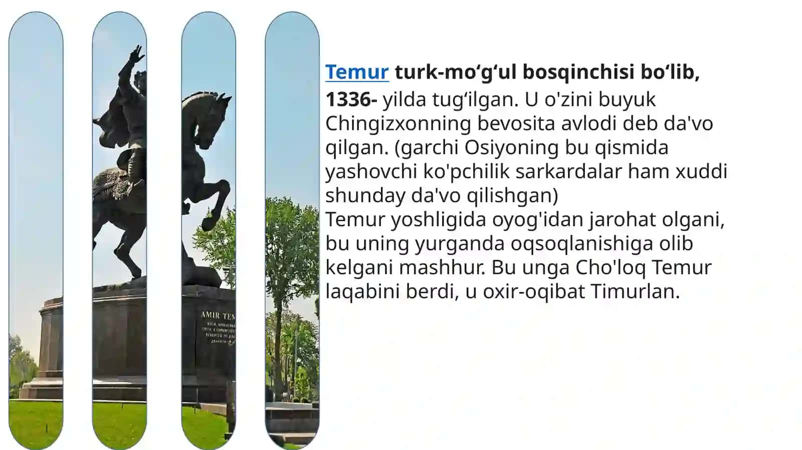 AMIR TEMUR VA UNINGDUNYO TARIXIDA TUTGAN O’RNI FANIDAN TAQDIMOT 3