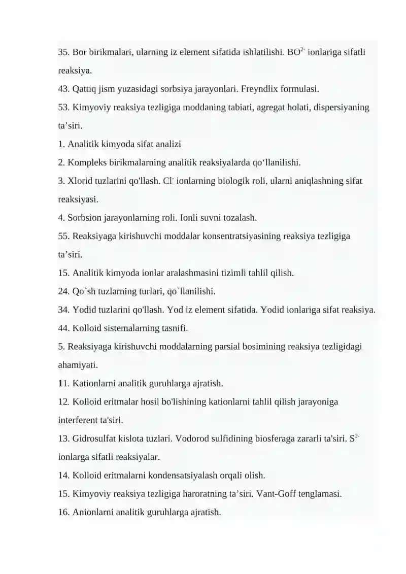 Analitik va fiz kolloid kimyi fanidan yakuniy savollardan namunalar 3