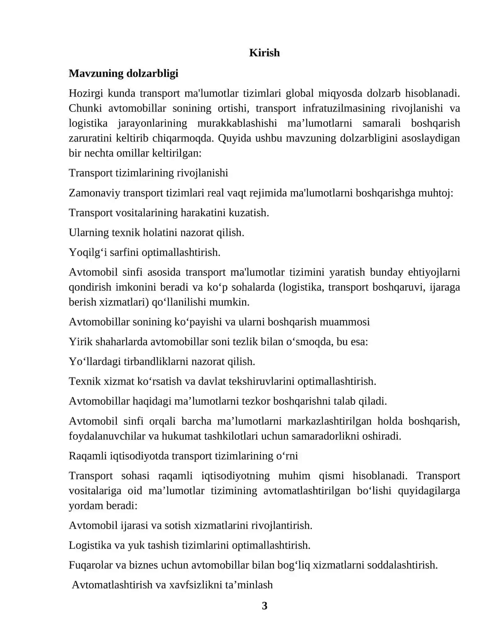 AVTOMOBIL SINFI YORDAMIDA TRANSPORT MA’LUMOTLAR TIZIMINI YARATISH 3