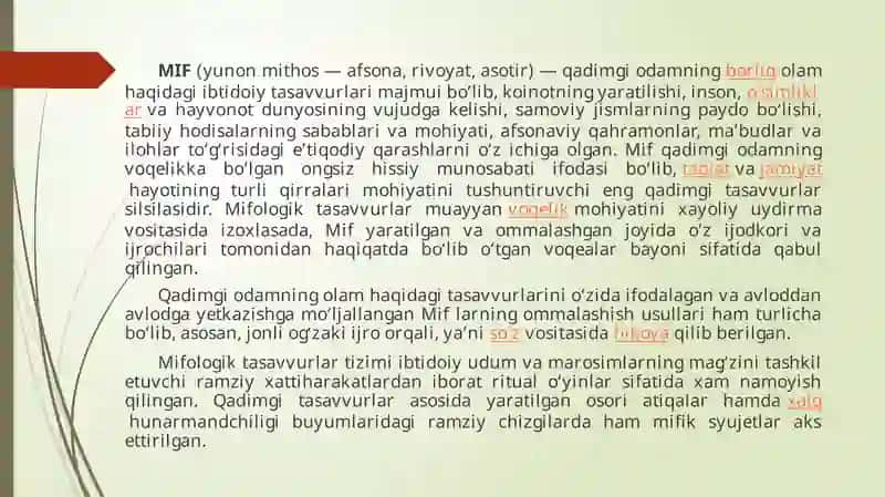 Mif, afsona, rivoyatlar ning janr xususiyatlari 3