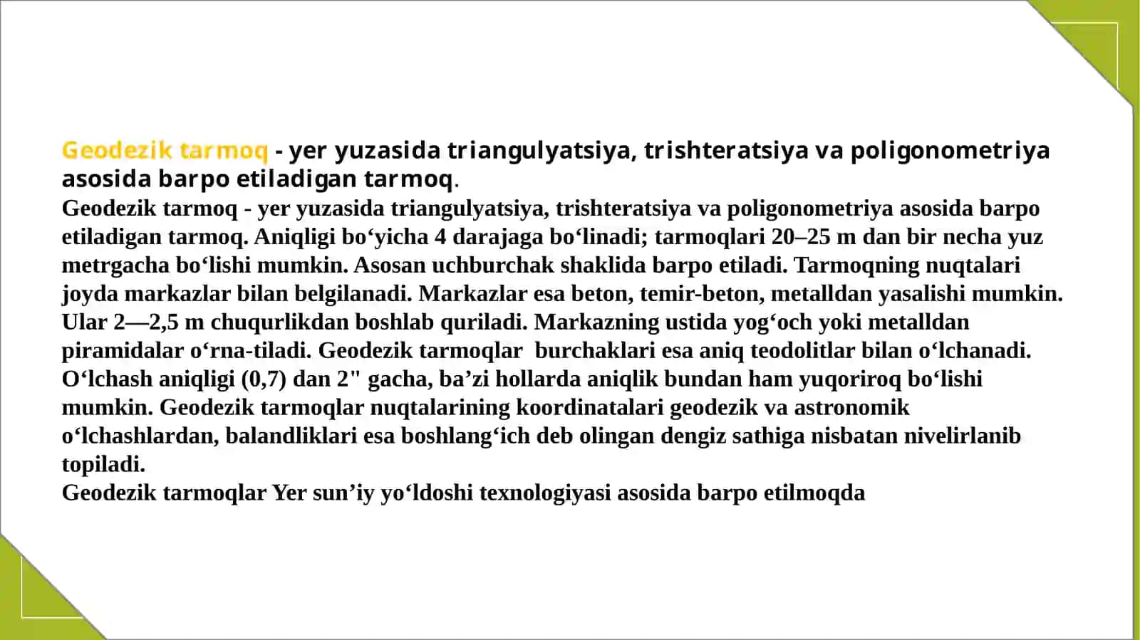 Topografiya va Kartografiya Gis fanidan tayyorlangan Geodezik tarmoqlar 3