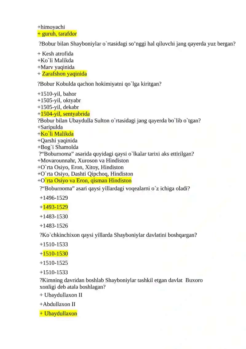 O’zbekiston tarixidan testlar II-kurs I-semestr 3
