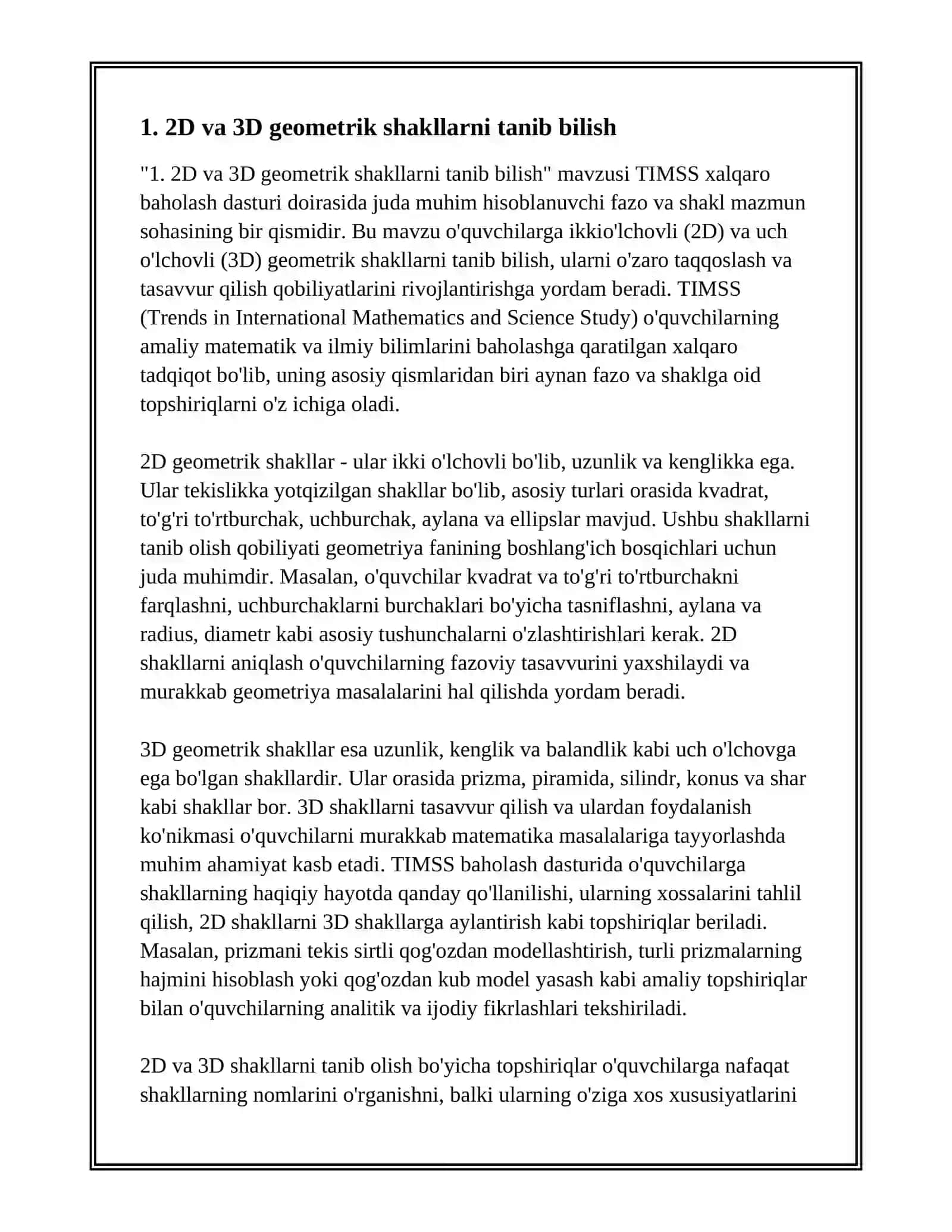 TIMSS XALQARO BAHOLASH DASTURIDA FAZO VA SHAKL MAZMUN SOHASIGA OID TOPSHIRIQLAR 3