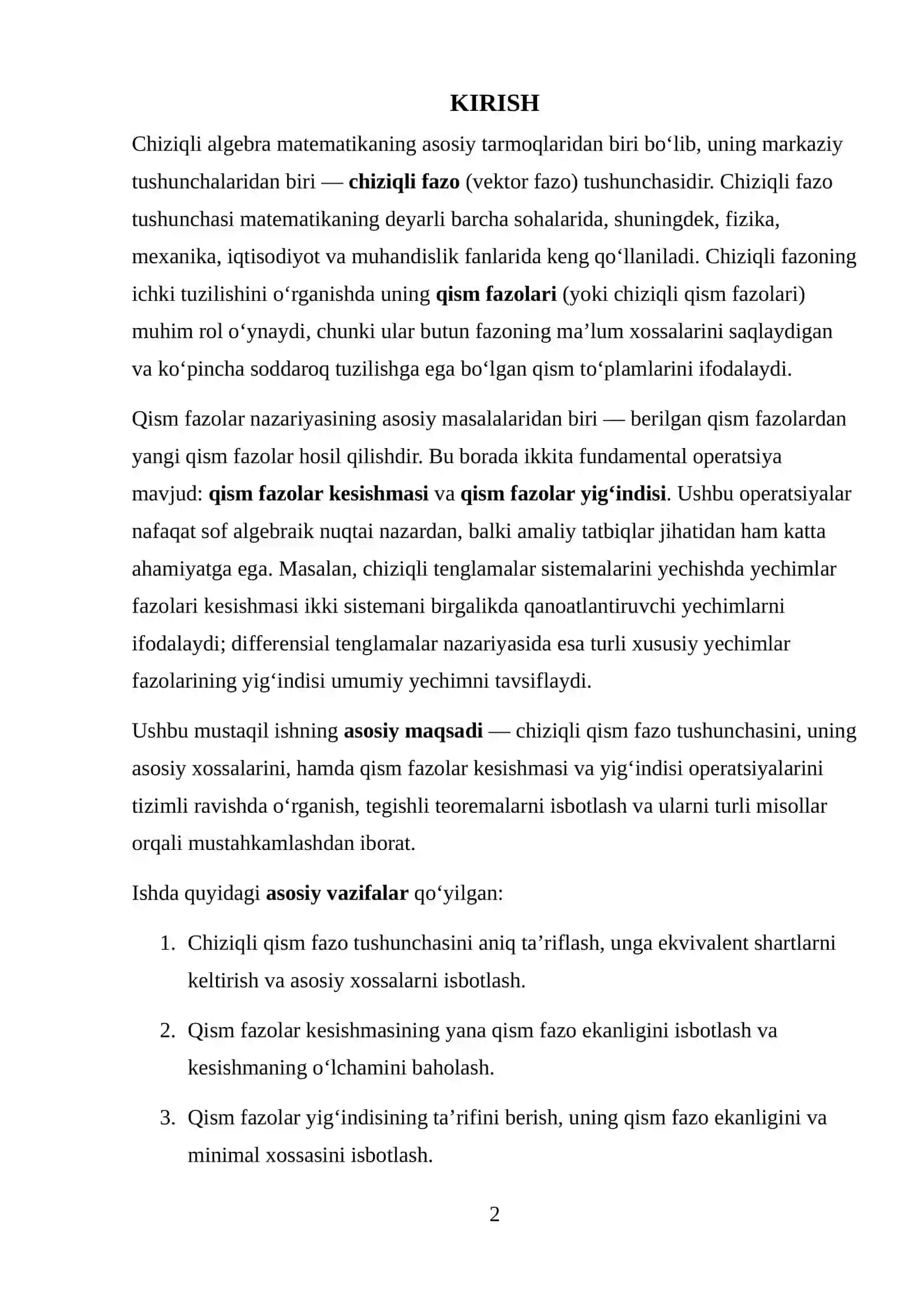 Chiziqli qism fazo. Qism fazolar yig'indisi va kesishmasi 3