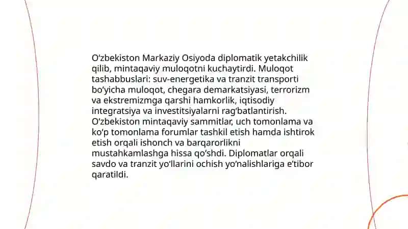 Oʻzbekistob respublikasini markaziy Osiyoda tinchlik va barqarorlikni taʼminlashdagi oʻrni 3