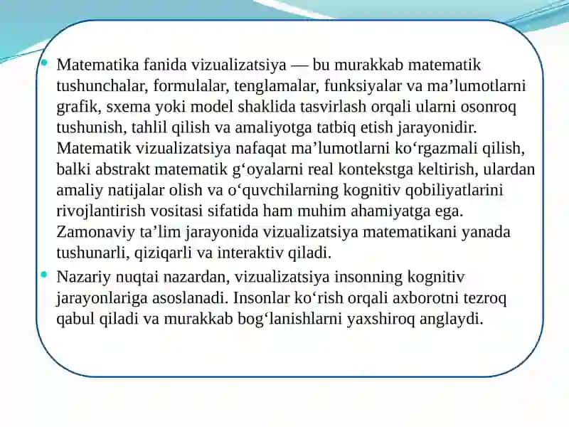 Matematika fanida vizualizatsiya (grafik, sxema, model) texnologiyalarini qo'llash usullari. 3