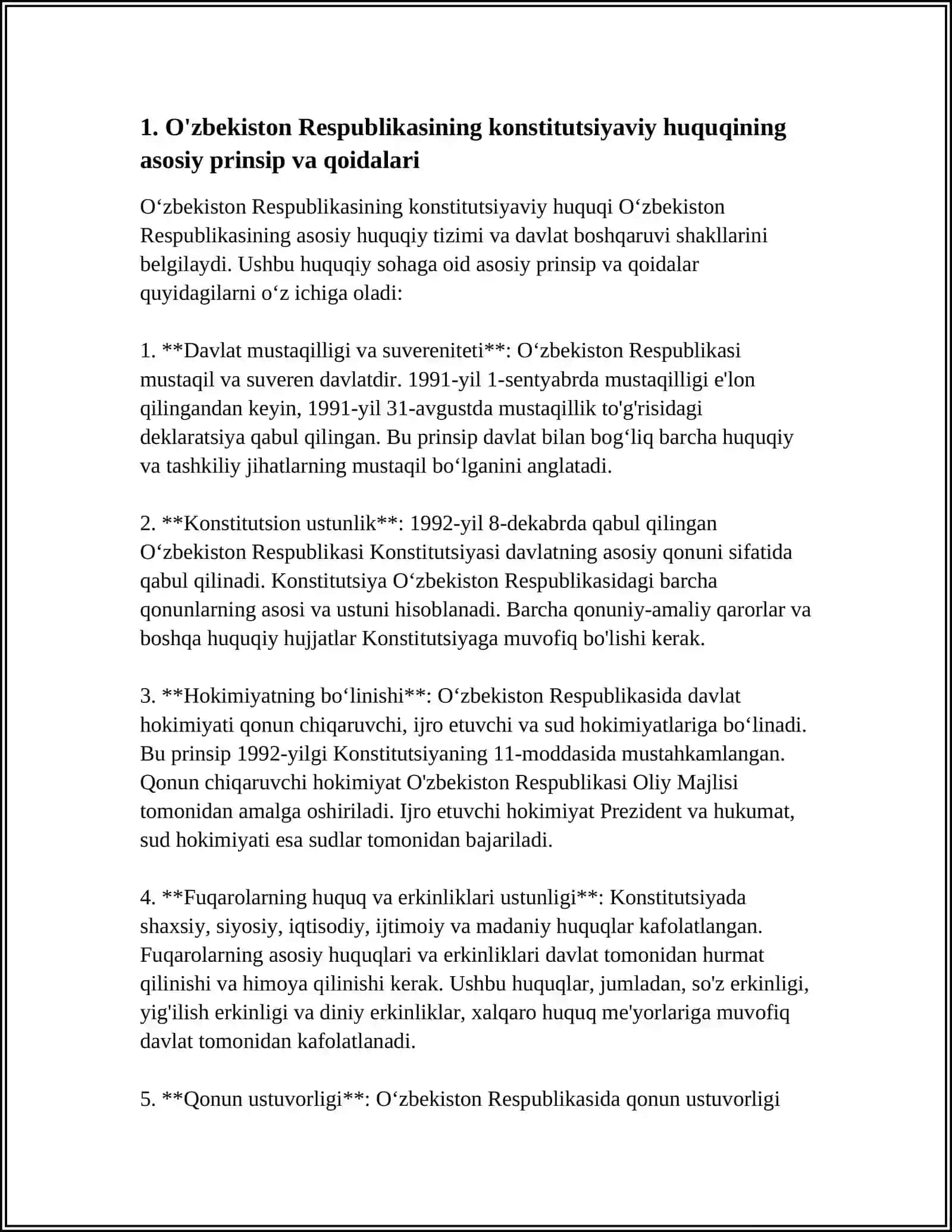 MUSTAQIL ISH Mavzu: O'ZBEKISTON RESPUBLIKASIDA KONSTITUTSIYAVIY HUQUQ PREDMETINING O'ZIGA HOS HUQUQLARI 3