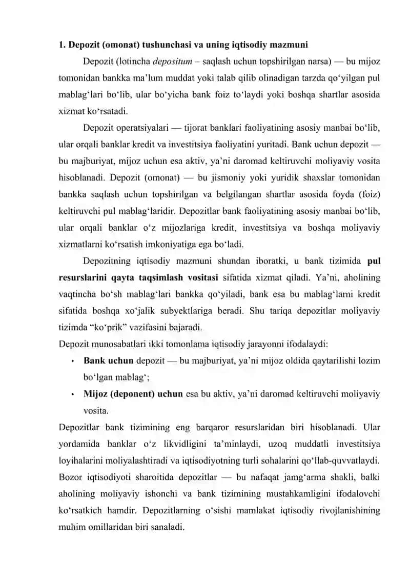 Depozit (omonat) tushunchasi, uning afzallik va kamchiliklari 3
