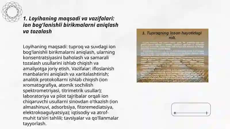 Tuproq va suvning ifloslanishida ion bog'lanishli birikmalarni aniqlab, ulardan tozalash usulini ishlab chiqish 3