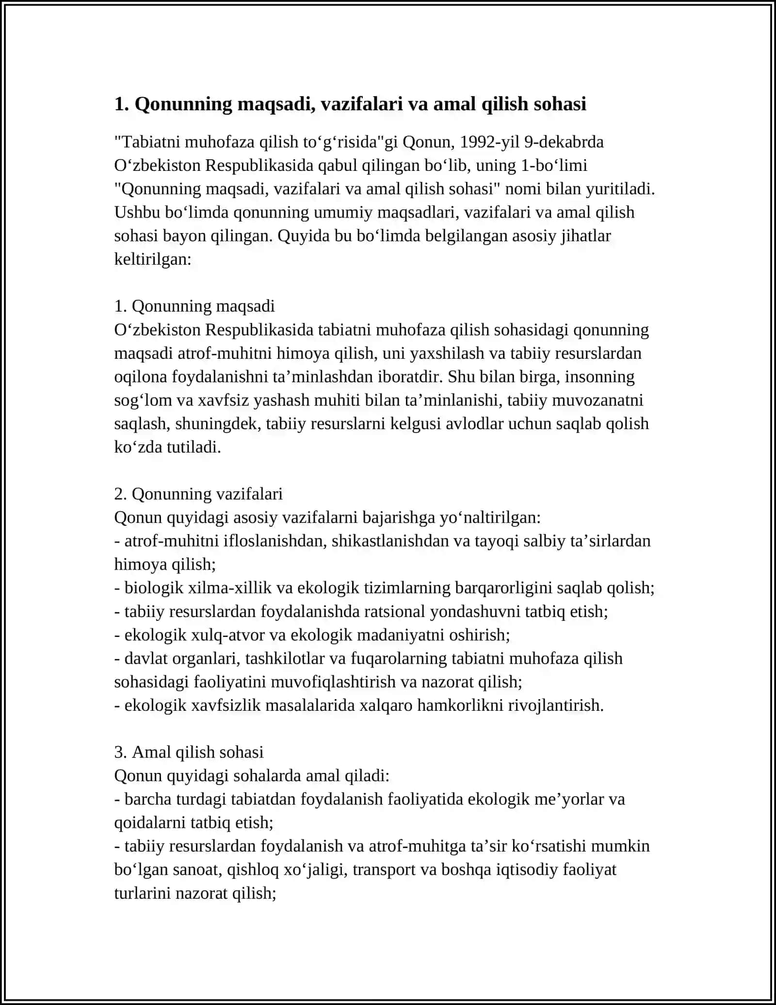 O'ZBEKISTON RESPUBLIKASI TABIYATNI MUXOFAZA QILISH TO'G'RISIDAGI QONUNI 09 12 1992 3