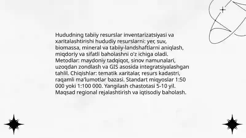 Hududning tabiiy resurslar inventarizatsiyasi va xaritalashtirishi 3