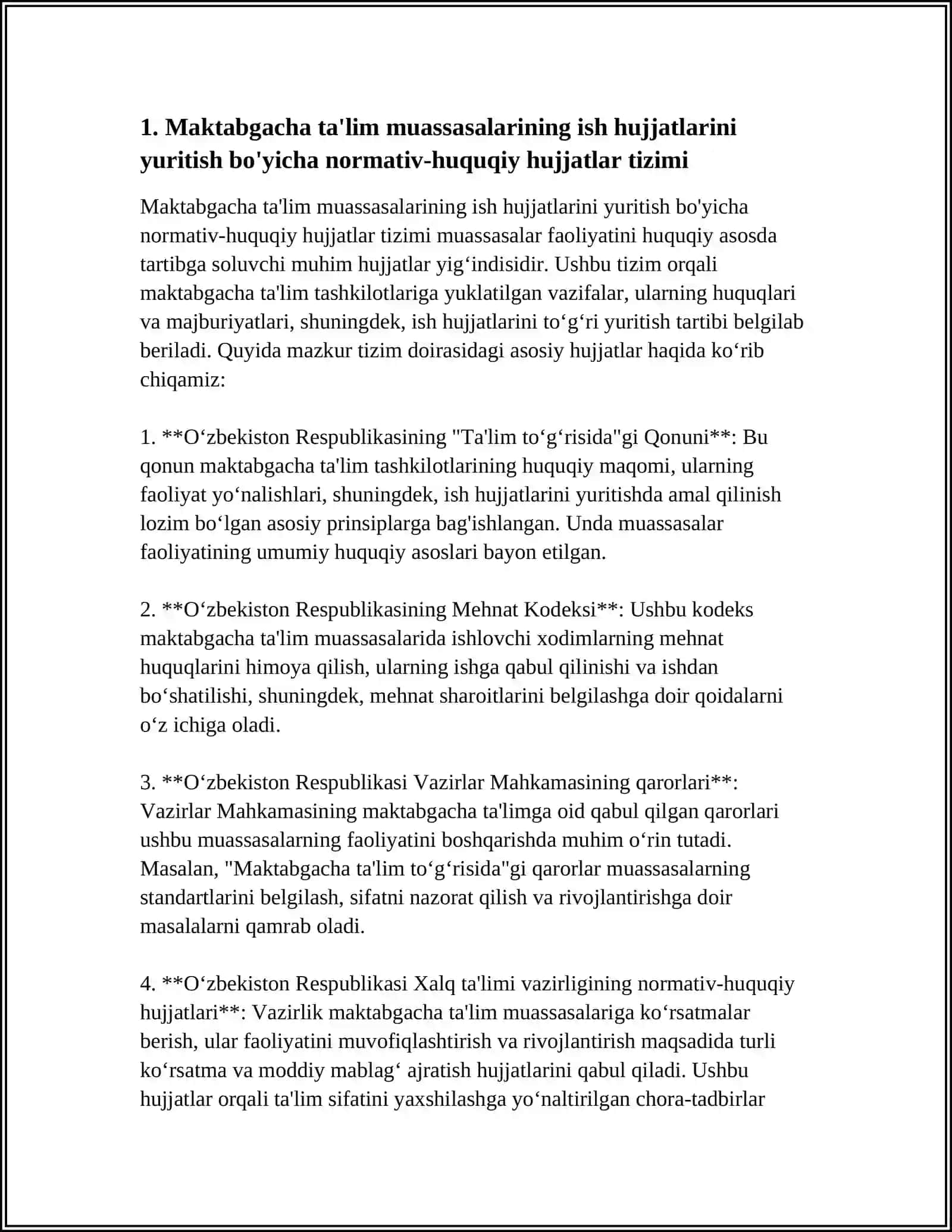 MAKTABGACHA TA‘LIM TASHKILOTLARIDA ISH HUJJATLARINI YURITISHNING ME‘YORIY - HUQUQIY ASOSLARI 3