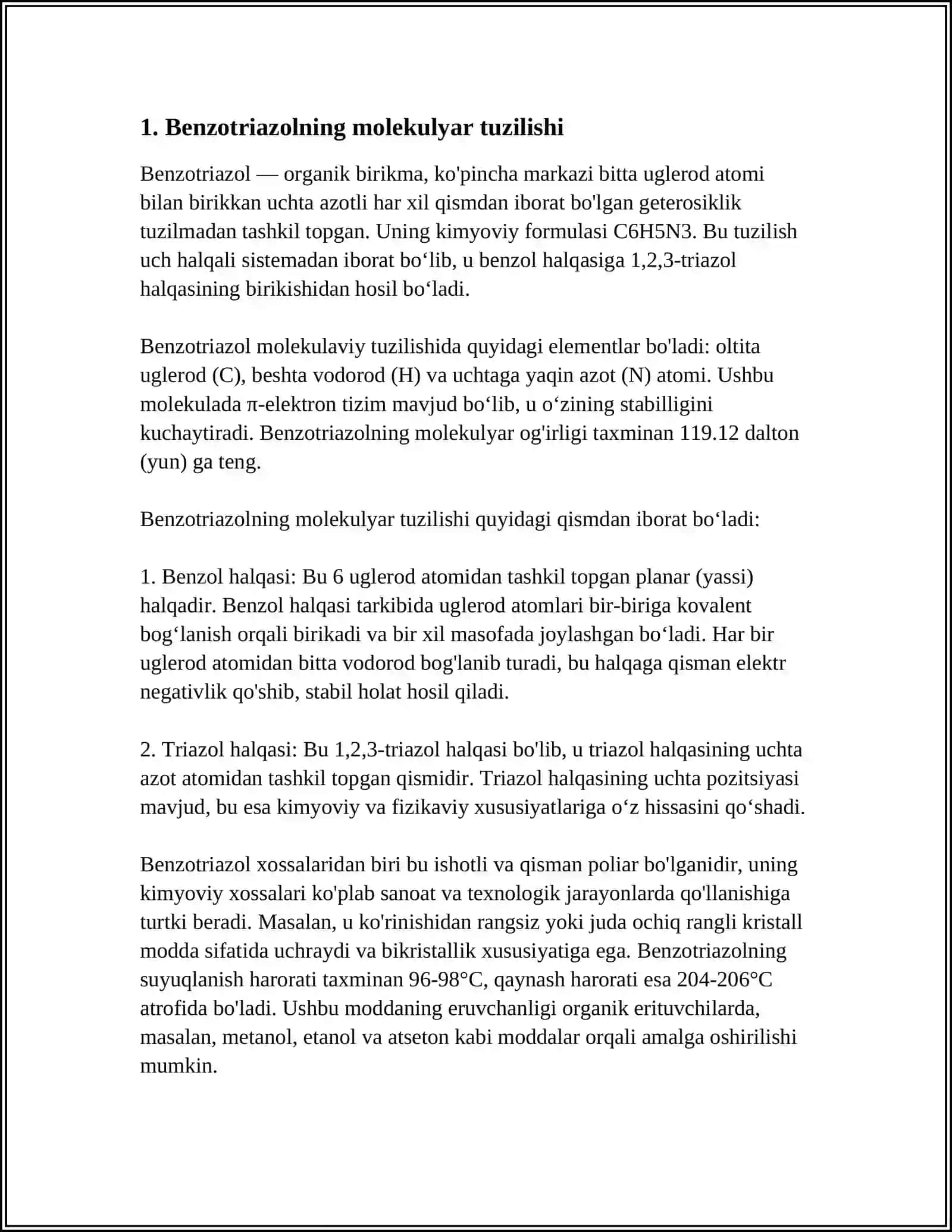 Benzotriazol va uning birikmalarini-molekula tuzilishi, olinishi, xossalari va ishlatilishi 3
