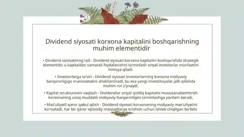 Dividend siyosat va uning korxona rivojlanishiga tasiri 3